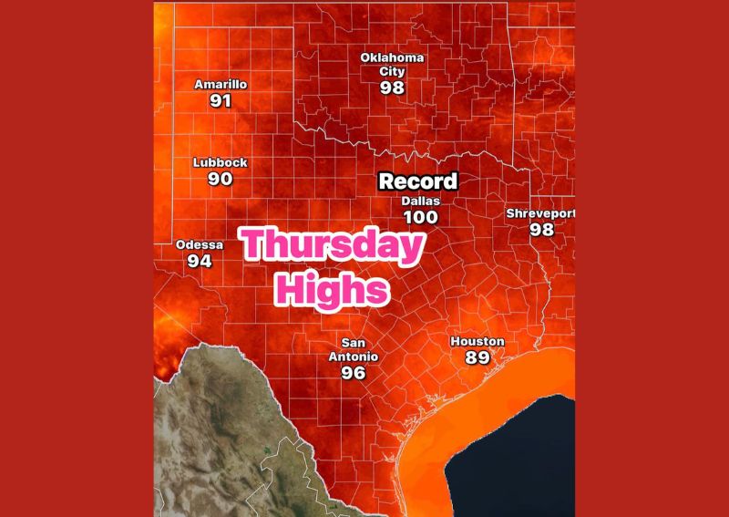 Record Tying 100 Degree Heat Forecast for Dallas Texas Thursday With Oklahoma City San Antonio and Amarillo Also Baking in Triple Digit Highs